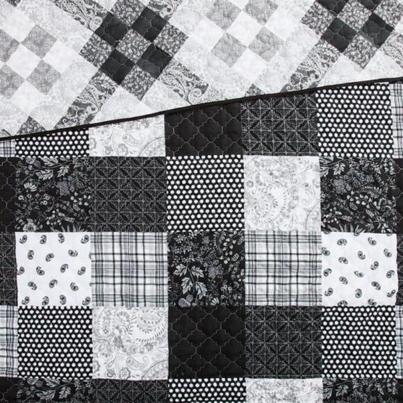 NEW! Black Farmhouse Patchwork Reversible QUEEN Quilt Set Diamond Block Cottage - Picture 5 of 5